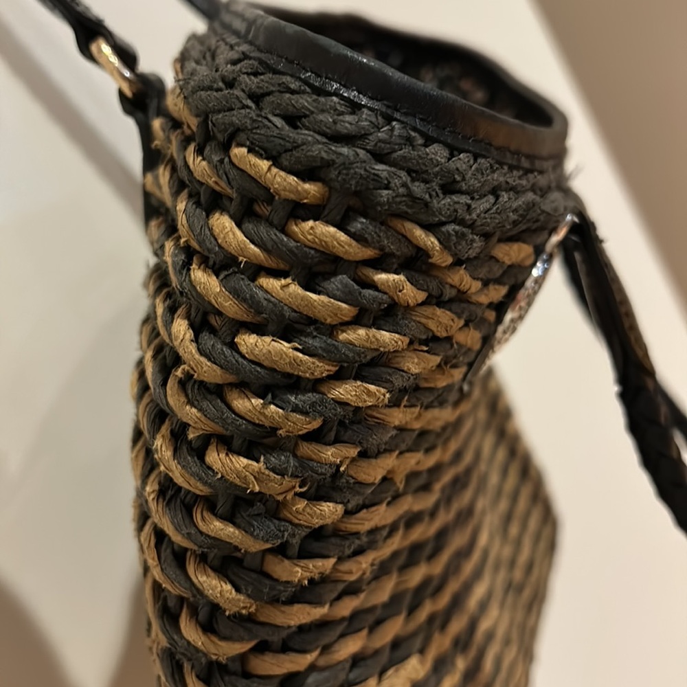 ✨ BRIGHTON ✨ Vintage Raffia Weave Straw Leather Trim Black/Brown Bucket Bag - Picture 16 of 16